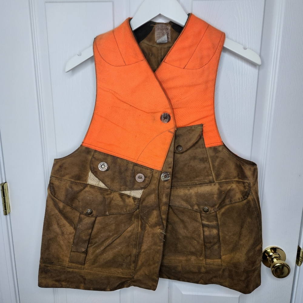 Vintage Filson Upland Vest Wax Cloth Blaze Orange Hunting Utility Safety Medium